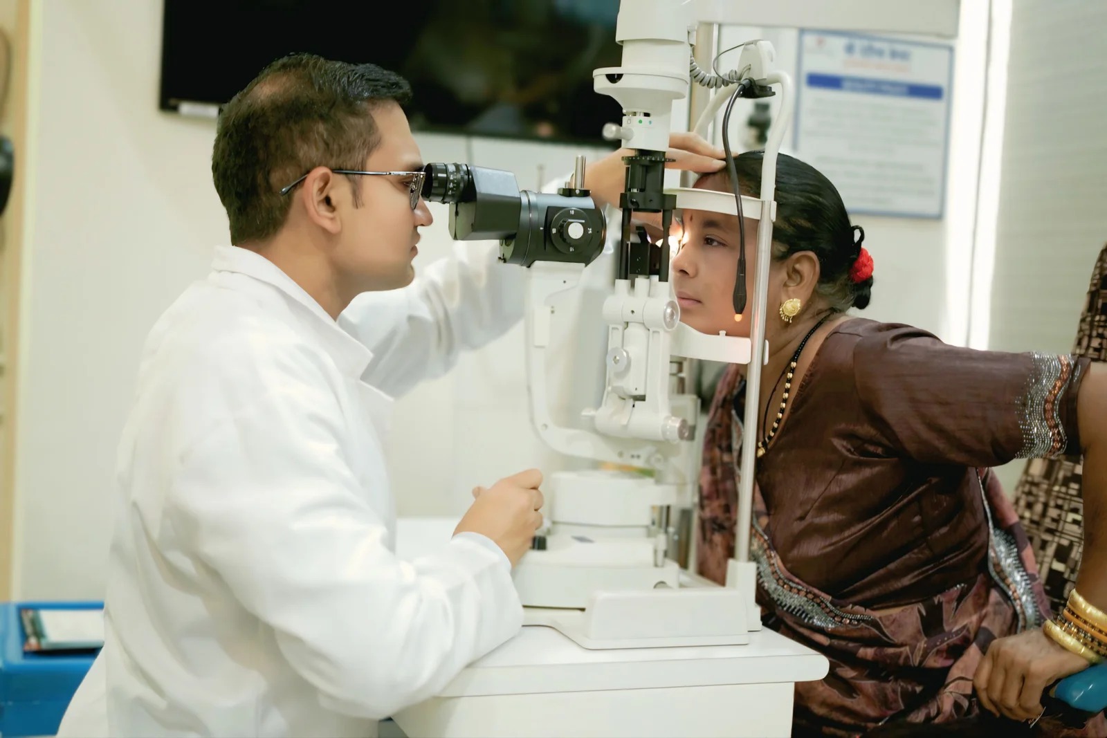 An eye being examined at a slit lamp